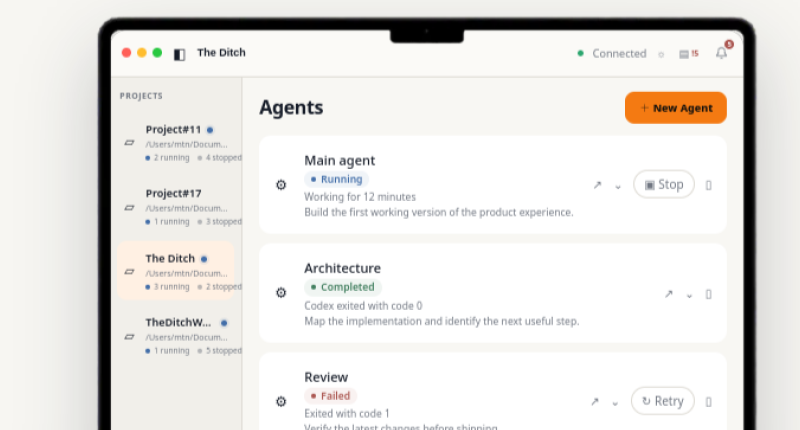 The Ditch macOS workspace showing several AI coding agent sessions across software projects